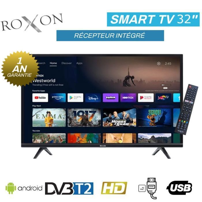 ROXON - Télévison - 32" HD Smart TV Android 14 - Récepteur Intégré +TNT +HDMI +USB