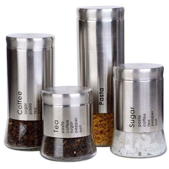 Lot de 4 boîtes en verre avec couvercle en acier inoxydable pour sucre et thé