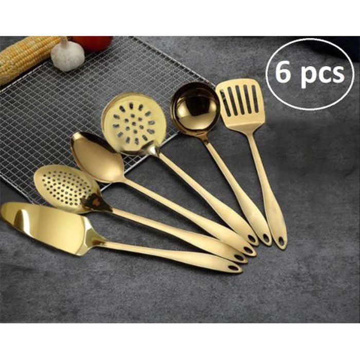 Ustensiles de Cuisine - Inox Doré - Lot de 6 pièces - Ergonomiques - Durables - Élégants
