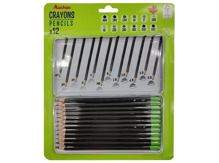 12 CRAYONS GRAPHITE DE 4H À 6B EN METAL BOX