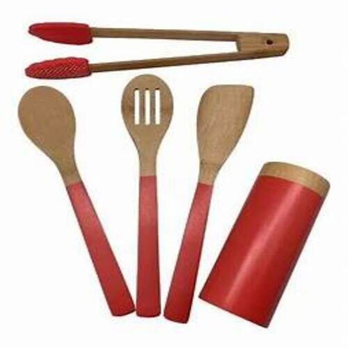 Ensemble d'Ustensiles - Multicolore - 4 Pièces + pot de rangement- Bois - Silicone - Compatible lave-vaisselle