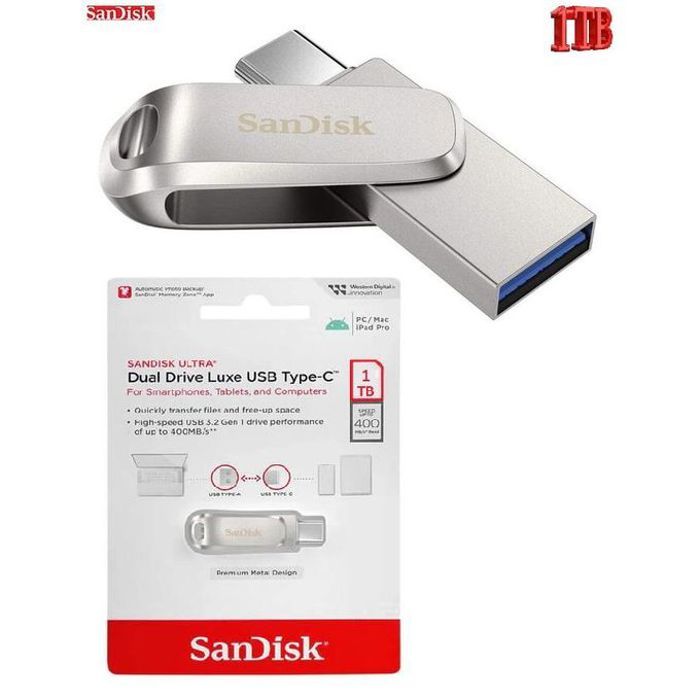 Sandisk Cle usb 1To 2in1 ultra dual drive luxe USB Type-C 1TB vitesse Jusqu'à 400 Mo/s 3.1gen