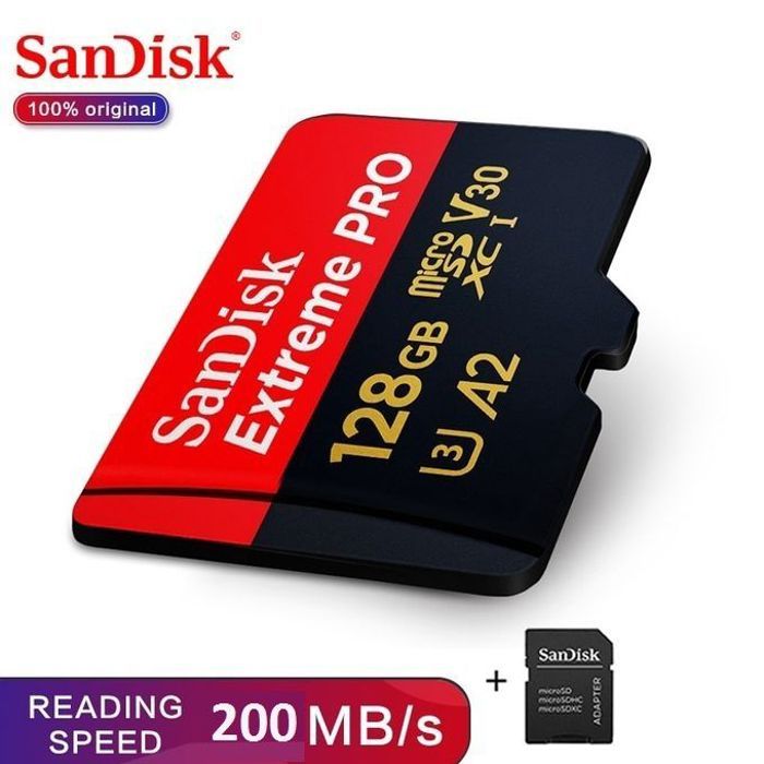 Sandisk Carte memoire microSDXC Extreme Pro 128GB jusqu'à 200 MB/s+Adaptateur SD Dronee A2 Classe10,U3,V30