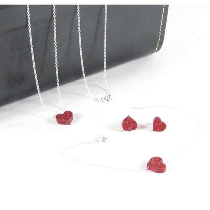 Ensemble de Bijoux - GENERIC - Cœur Rouge - Argent 925 - Pendentif en Pierre Naturelle - Élégant et Simple