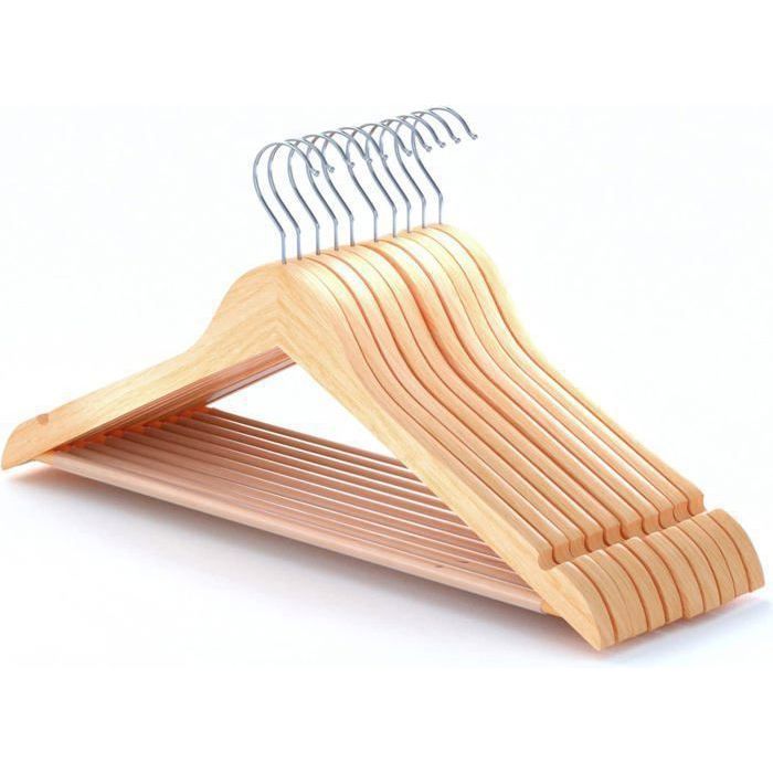 Set de 10 Cintres en Bois avec Barre de Pantalon & Crochets Rotatifs - Marron