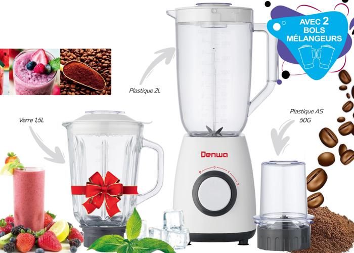 Blender 3 en 1 - DENWA - BL424AC - 1000W - 2 Bols XXL - Moulin intégré