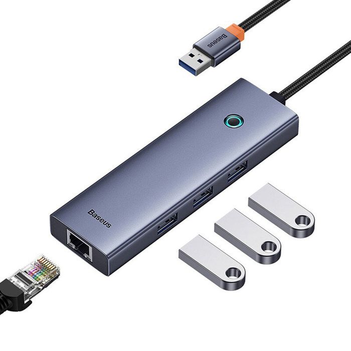 Hub USB vers 3 x USB 3.0, RJ45 - Série Baseus UltraJoy (B0005280A813-01) - Gris sidéral