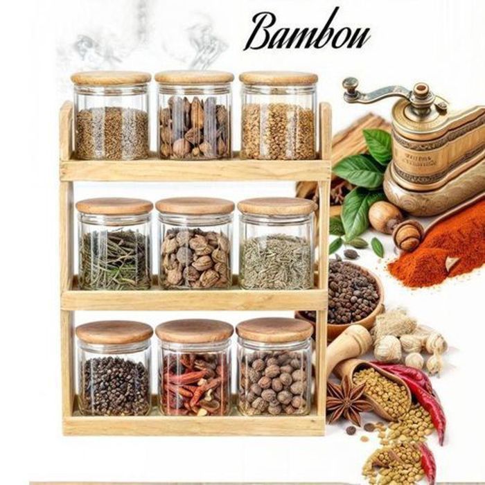 Set de 9 pots à épices - MARQUE - Verre - Support en bambou - Hermétiques - Élégants