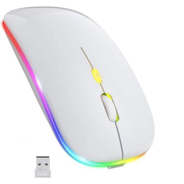Azami Tech Souris sans fil LED, Souris silencieuse mince rechargeable 2.4G - Blanc