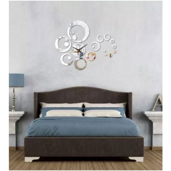 Horloge murale 3D Adhésif acrylique décor à la maison moderne à effet miroir Grand Taille - Silver