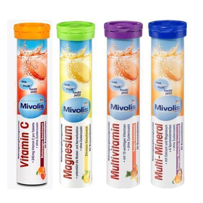 Mivolis Compléments Effervescents Sans Sucre : Vitamines et Minéraux - 4 Tubes, Fabriqués en Allemagne