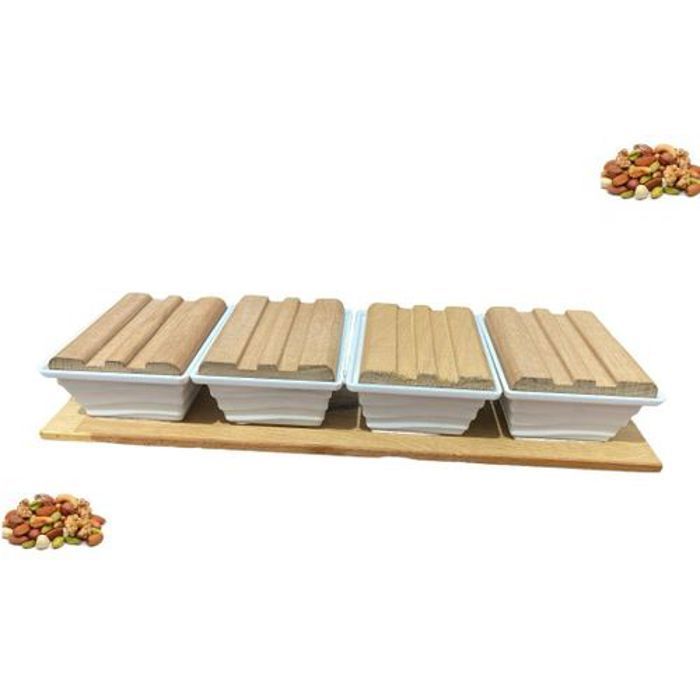 Set de 4 Assiettes Plastique avec Plateau en Bois Pour Huile Miel Olive & Amlou