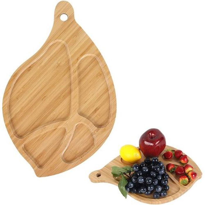 Assiettes Plateau Apéritif En bambou Forme de feuille Avec 4 sections 33*21 Cm