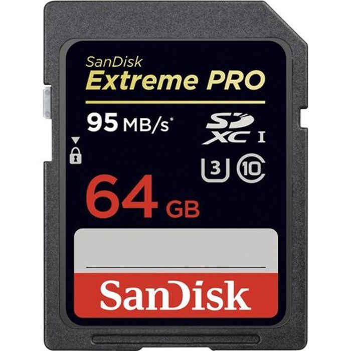 Sandisk Carte Mémoire SDXC Sandisk Extreme Pro 64 Go jusqu'à 95 Mo/s, Classe 10, U3, V30