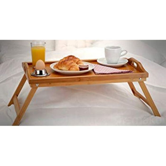 Table de Lit Pliable en Bambou Laqué  Plateau Petit Déjeuner en Bambou avec Poignées Modulables