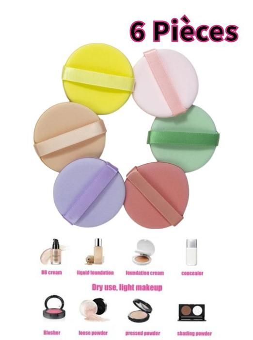 Éponges à Poudre , Set de 6 Houppettes en Velours. Couleurs aléatoires.