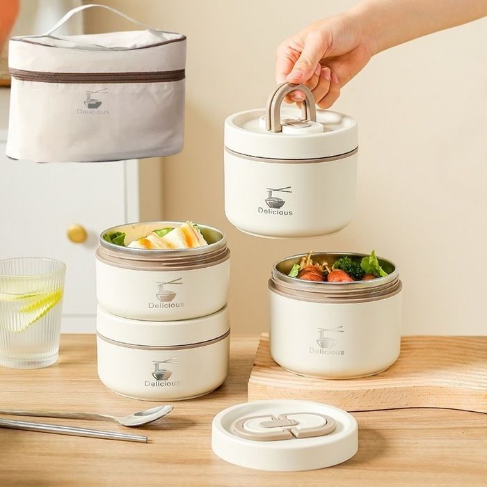 4pcs Boîte à lunch isolée en acier inoxydable, portable pour étudiant, ronde scellée à plusieurs compartim BOITE A REPAS