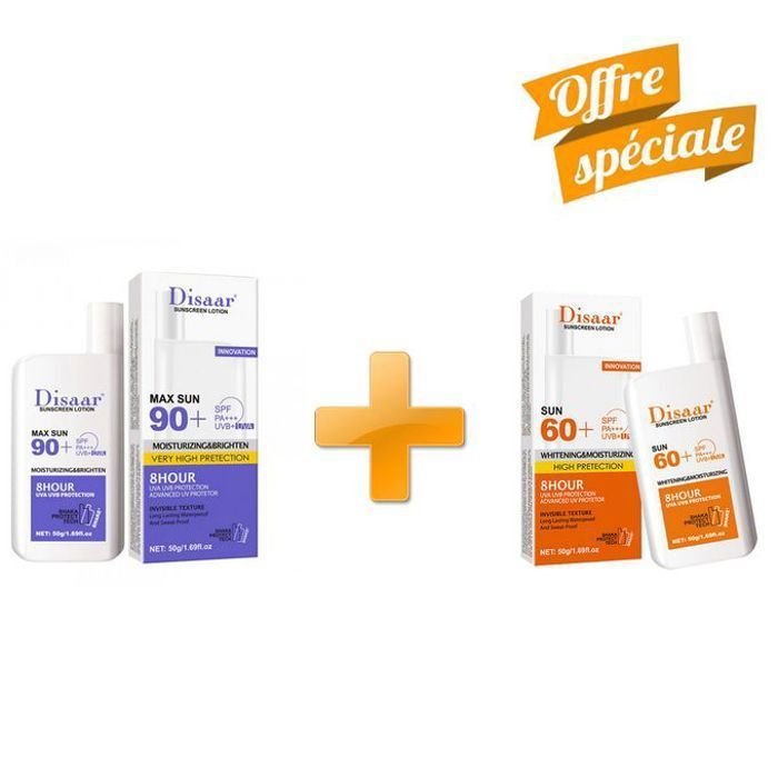 Disaar Pack de 2 écrans solaire SPF 90+ , SPF 60+pour visage & corps, Anti-âge, hydratant