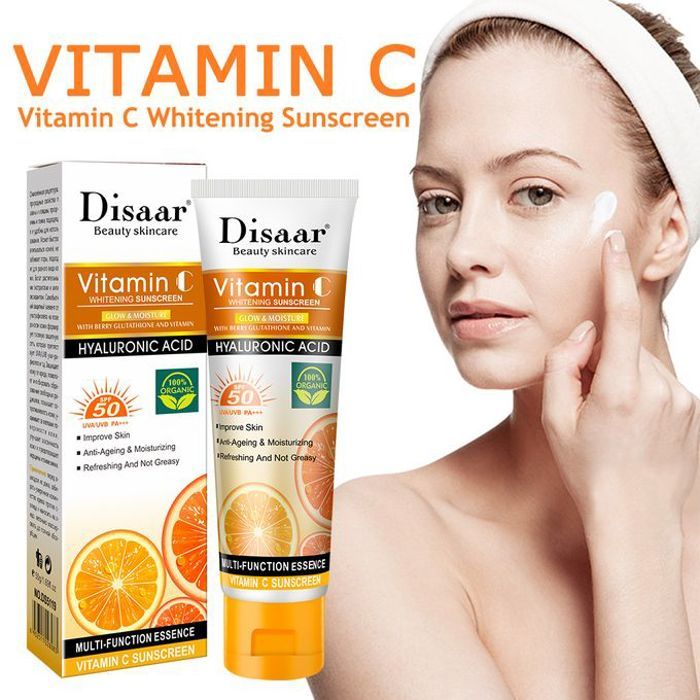 Disaar SPF 50+ , Crème Solaire Blanchissante 100% Bio à la Vitamine C pour Visage, 50g