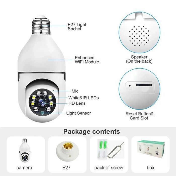 wifi smart caméra à ampoule intelligente de surveillance WiFi Full-HD 3MP détection mouvement 360°