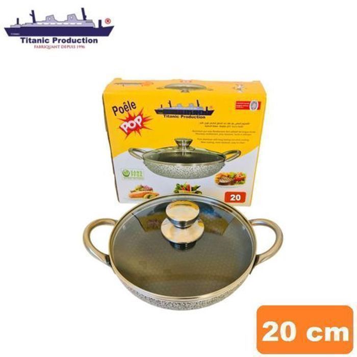 Poêle Antiadhésive - Titanic - Ø 20 cm - Couvercle en Verre - Poignées Renforcées - Résistante aux Rayures