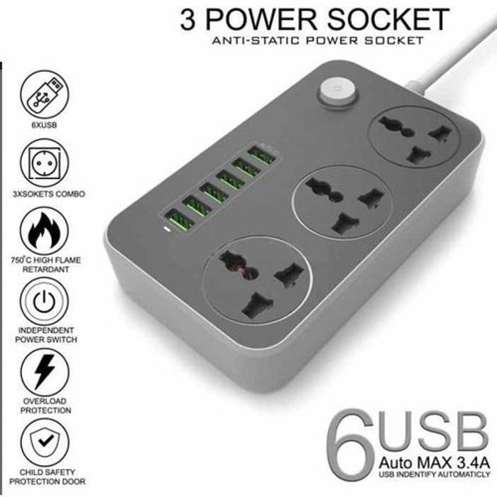 Multiprise de charge 6 ports USB Adaptateur chargeur universel,3 Prises courant