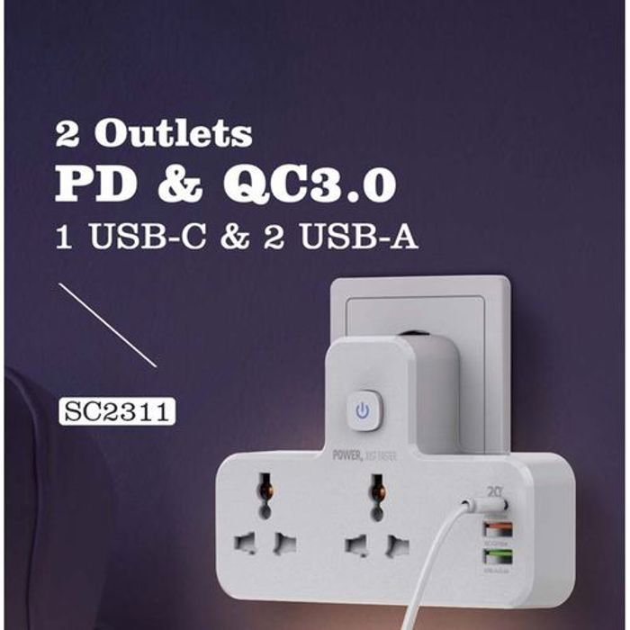 Multiprise électrique 2 ports USB-A et 1 port USB-C  et 2 prises PD & QC3.0 EU