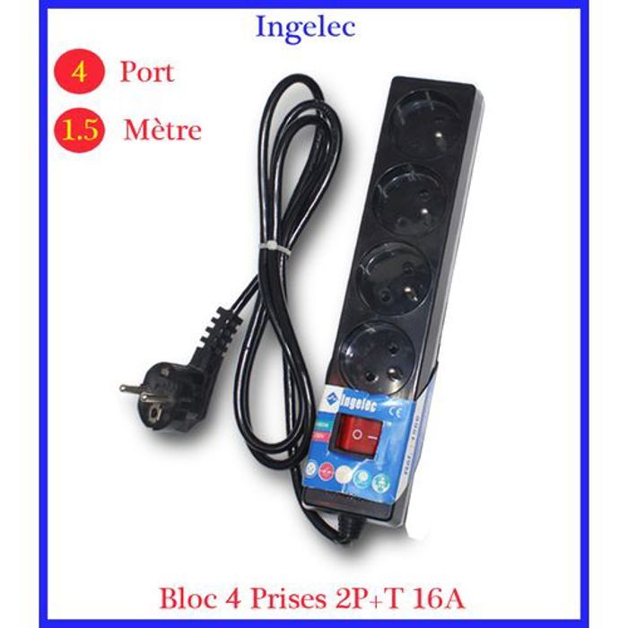 Rallonge // Multi-prises // Bloc 4 prises avec Protection enfants - Noir