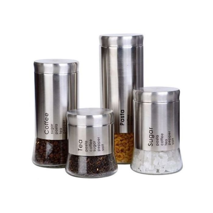 Kit de 4 Bocaux ronds en verre avec couvercles en acier inoxydable pour aliments