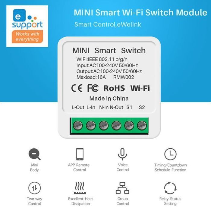 Mini Interrupteur Intelligent Sans Fil, Maison Intelligente, 2 Voies, Wi-Fi, 16A