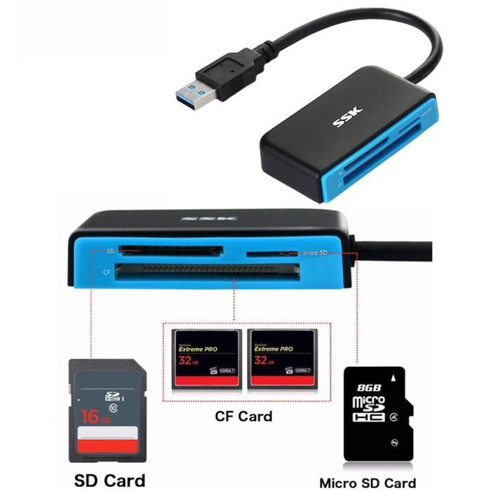 SSK Lecteur de cartes USB 3.0 SCRM330 prenant en charge les cartes SD/TF/CF