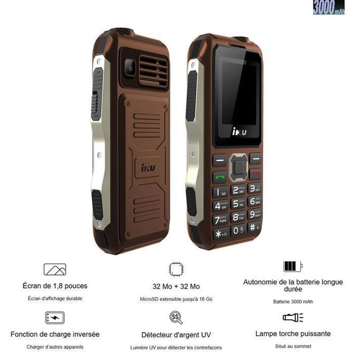 Iku S10 Telephone Robuste 2in1+Power Bank 3000mAh-1.8"- Wereless Radio VGA -Lampe-Brown