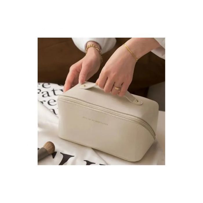 Trousse de maquillage en cuir de grande capacité pour femmes - Beige