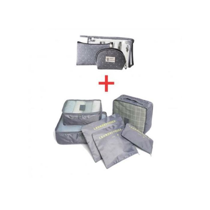 Lot 6 TRAVEL BAG Organisateurs Rangements Voyage + 3 trousses maquillage - Gris