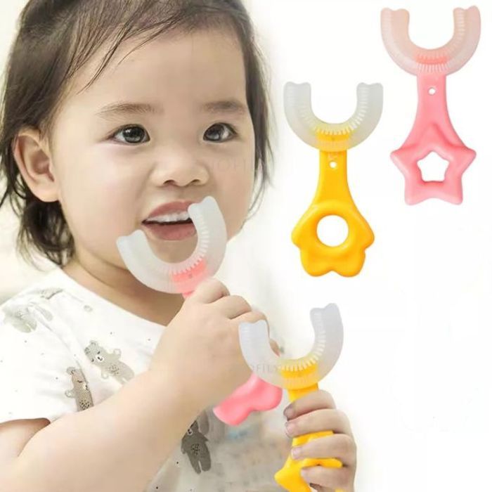 2 Brosse à dents pour enfants tête en silicone rose et jaune