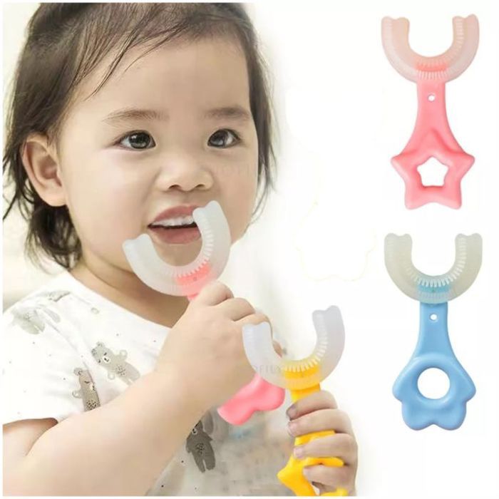 2 Brosse à dents pour enfants tête en silicone rose & bleu