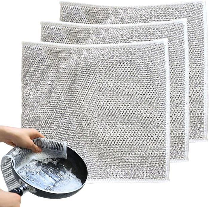 Lot de 3 chiffons à vaisselle en fil métallique – Chiffons de nettoyage de vaisselle polyvalents pour humides et secs, chiffon