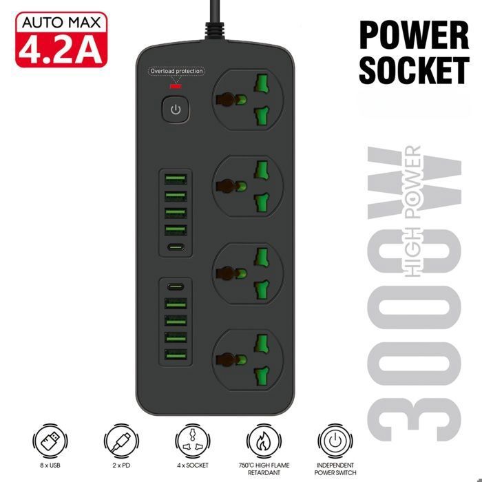 Multiprise - GENERIC - 4 Prises - 8 Ports USB - 2 Ports Type-C - 2m 3000W