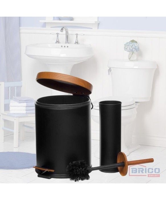 Set poubelle 5L+ Brosse Wc design en bois et noir