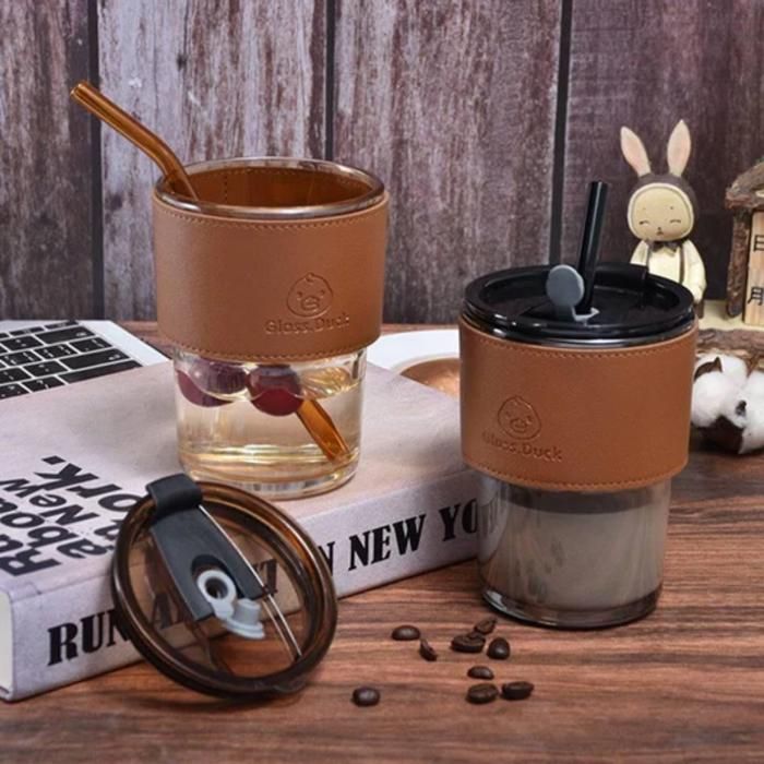 Tasse de paille en verre,tasse à café portable avec couvercle et étui en cuir (couleur aleatoire)
