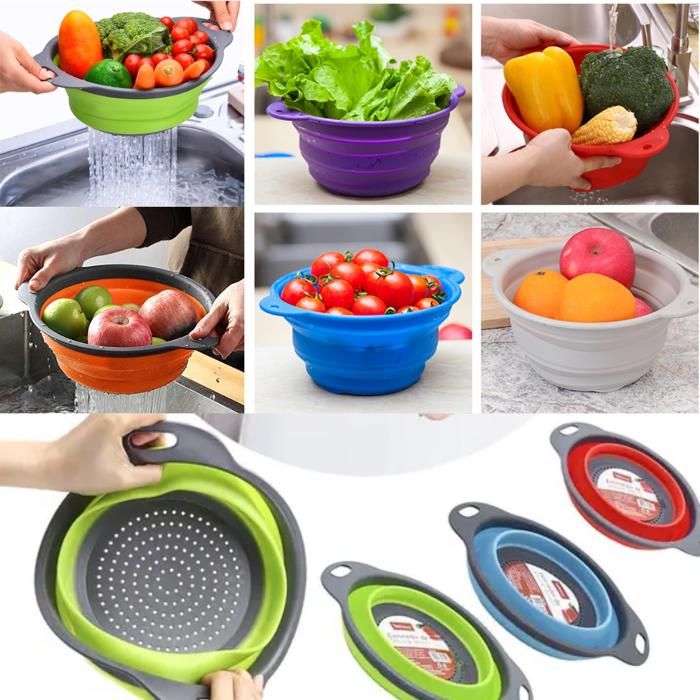 Passoire de lavage des fruits et légumes, pliable et écologique, antiadhésive, en silicone, avec poignées, ustensile de cuisine