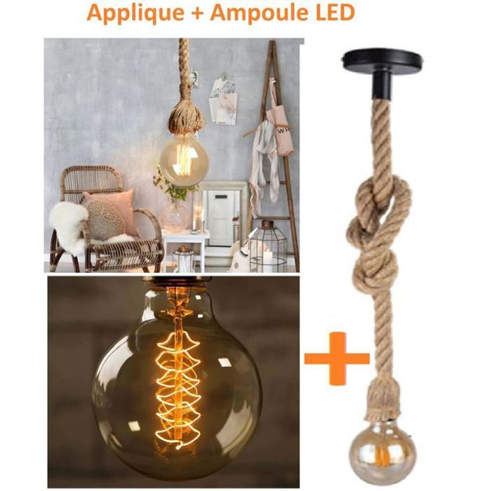 Lampe suspendue industrielle rétro en corde de chanvre e27
