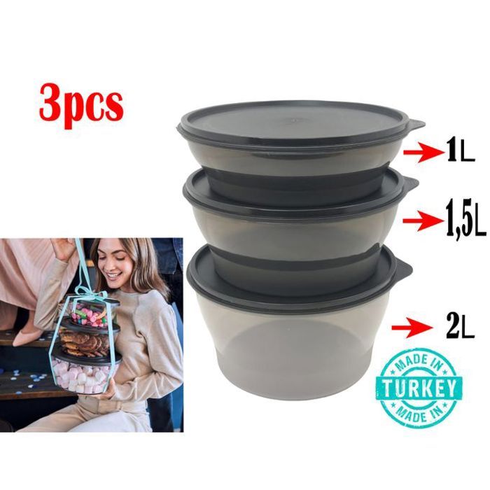 3 pièces assiettes alimentaires rondes en plastique pp, boîtes avec couvercles