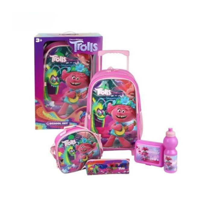 Sac à dos scolaire trolls à roulettes avec accessoires