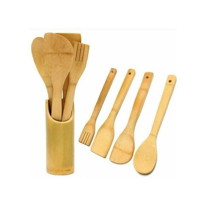 4 cuillères spatule de cuisson de repas à la maison en bois avec seau de