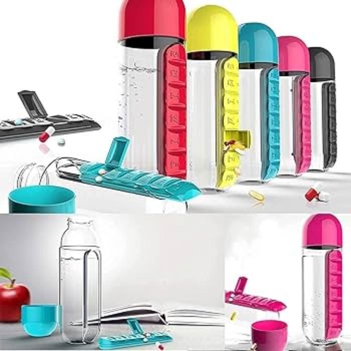 Bouteille d’eau 600ml avec pilulier de 7 jours pour l’extérieur et le voyage (Couleur aléatoire)