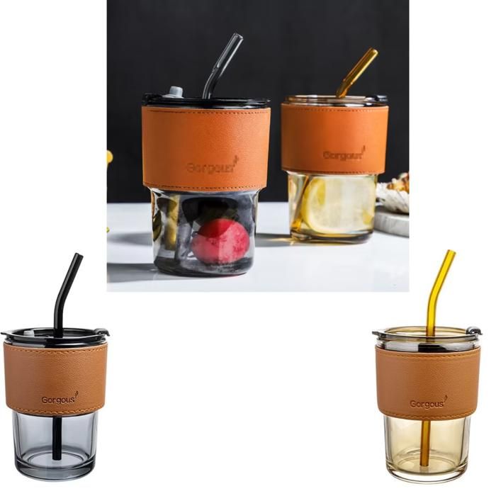 Tasse à café portable en verre avec paille et étui en cuir