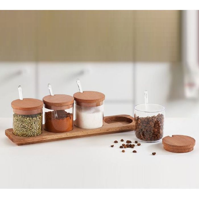 Lot de 4 pots à épices ronds avec cuillères et couvercle et plateau en plastique