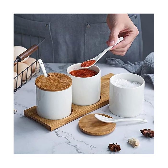 Coffret d'assaisonnement en 4 pièces avec couvercle en bois + support en bois