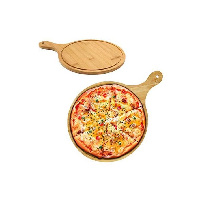 Planche à pizza en bambou ronde réutilisable avec manche 26cm